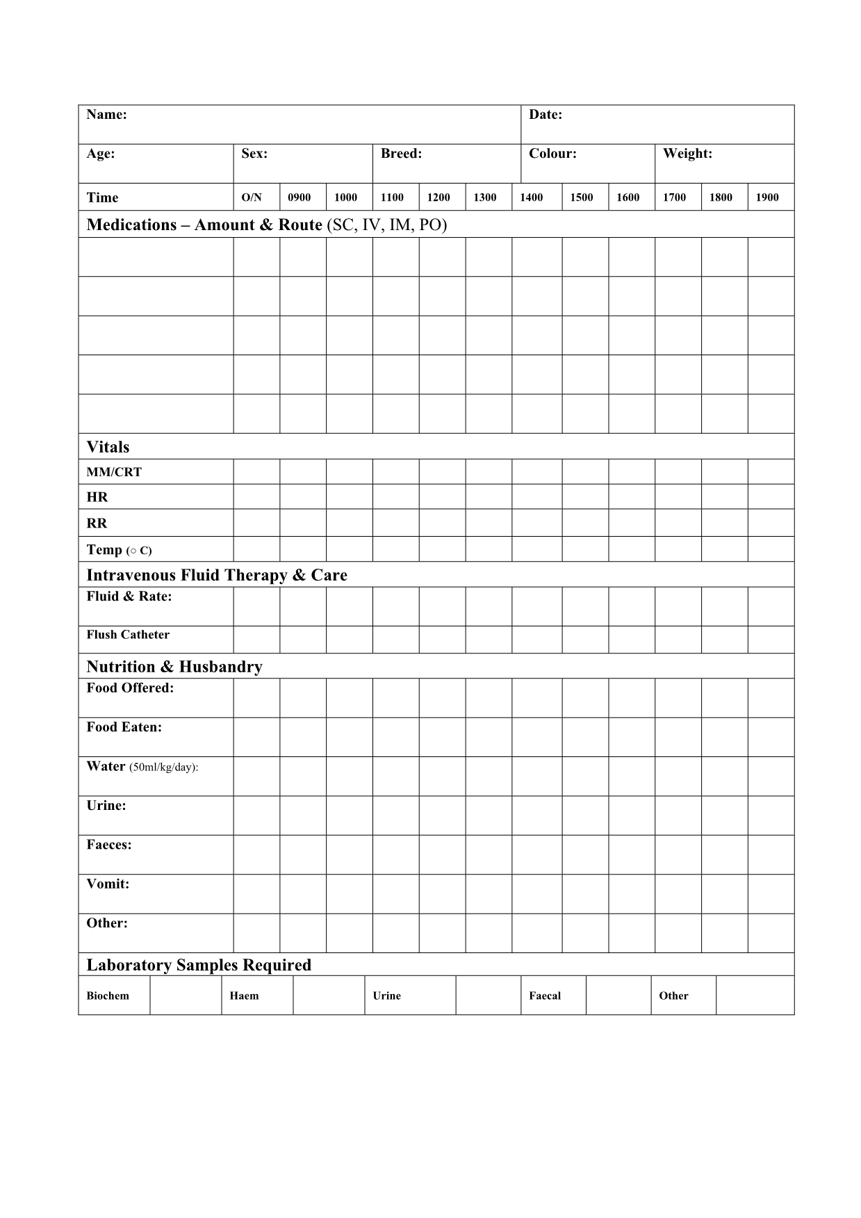 Printable Veterinary Hospitalization Treatment Sheet