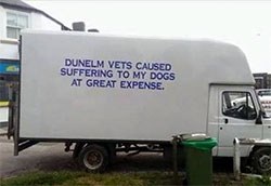 Dunhelm Veterinary Group in Durham has been targeted by an unusual protest, parked outside its front door.