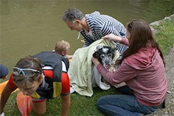 A 17-year-old collie cross called Barney picked arguably the best place in the world for an old dog to fall into a canal last Saturday, when it was rescued by one of the teams taking part in the kayaking stage of the Vet Charity Challenge, an event where there were at least 150 vets on hand to help.
