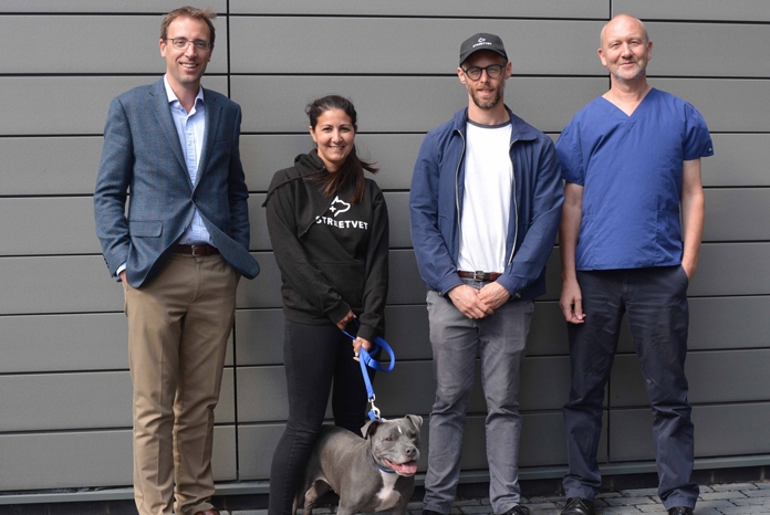 Photo: L-R Peter Laurie (Battersea), Jade Statt and Sam Joseph (StreetVet), Shaun Opperman (Battersea) and Blue the Staffie